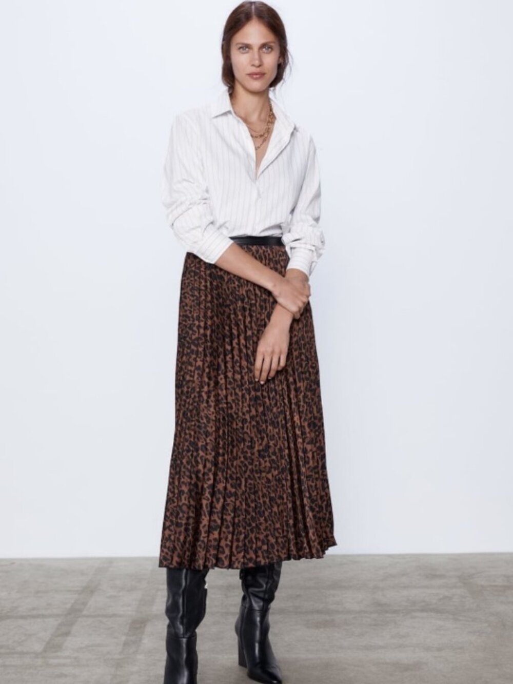 Zara Brown Leopard Print Pleated Skirt